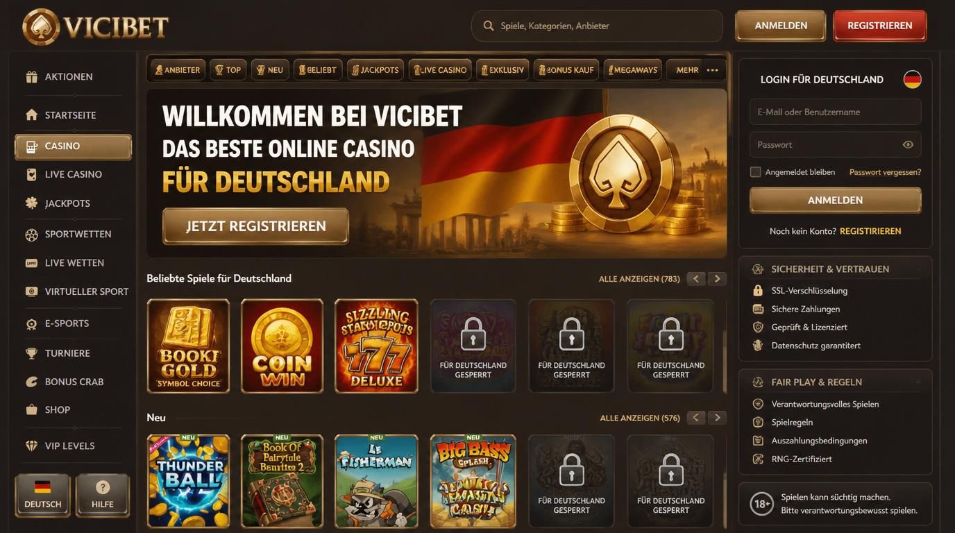 Loginseite mit deutscher Flagge, gesperrte Spiele-Icons und deutlich sichtbaren Regelhinweisen für deutschen Spieler