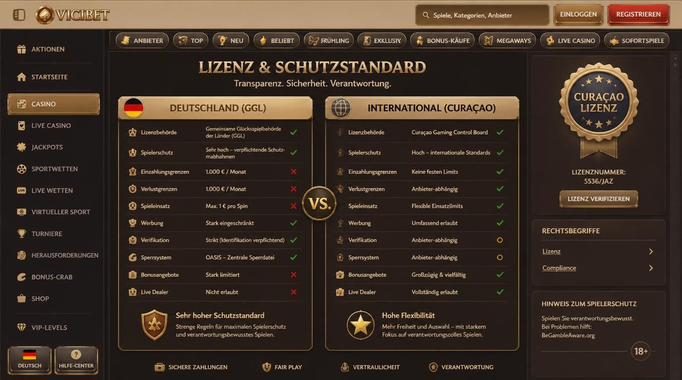 Ein Lizenzsiegel „Curaçao Lizenz“, deutschsprachige Hinweise zu Regulierungen und Schutzstandards