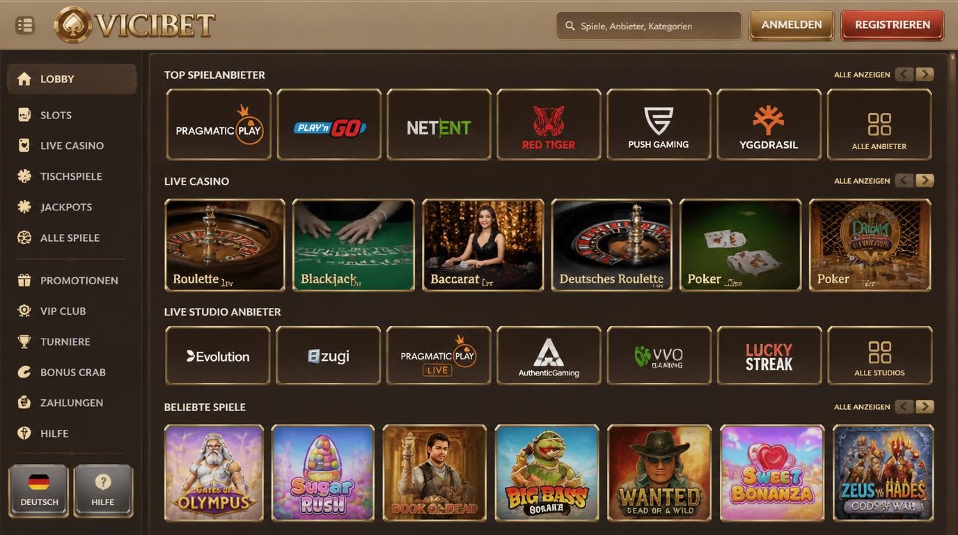 Slot-Bibliothek großer Anbieter und mehrere Live-Casino Tische mit Studio-Marken